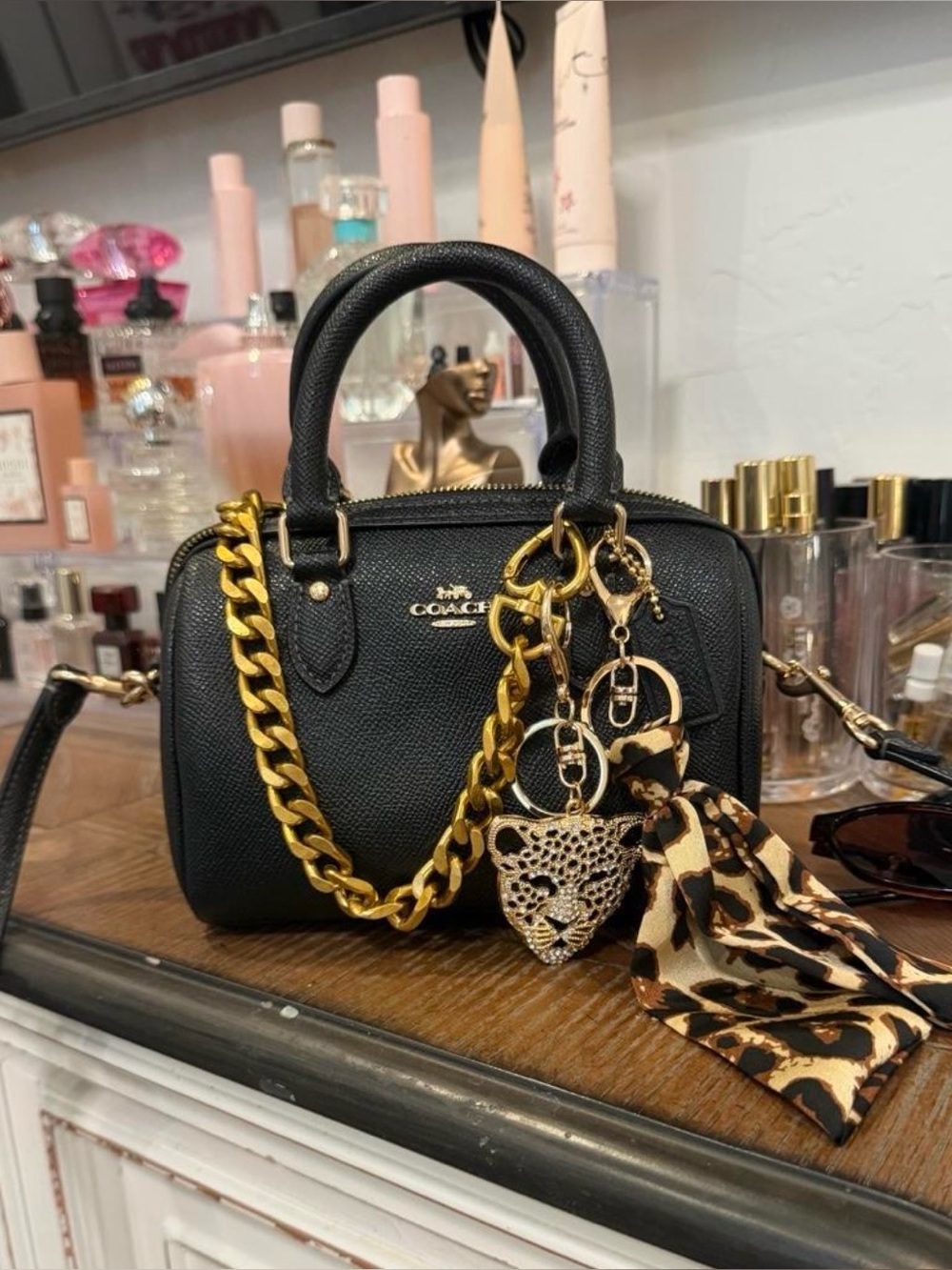 Coach Black Pebbled Leather Mini Satchel with Gold Chain and Leopard Charm Scarf